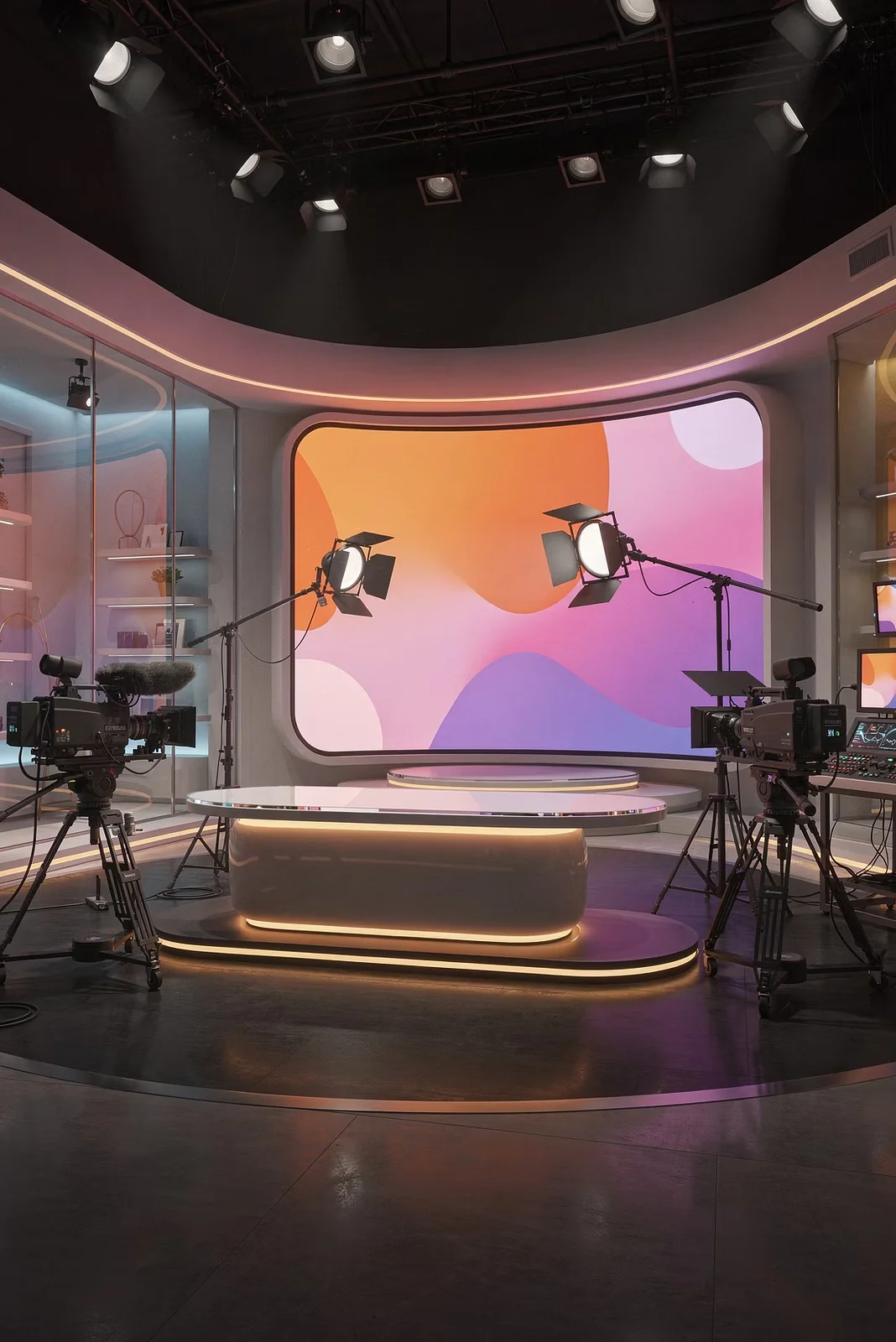 Colorful cinematic filming stage with violet and coral illumination