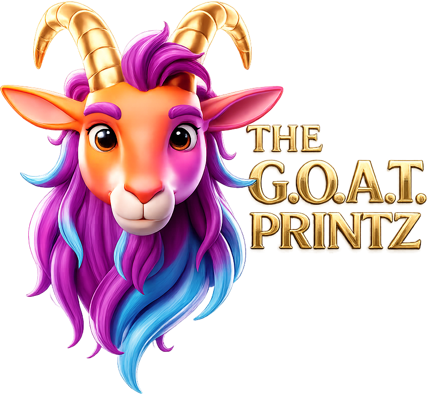 The G.O.A.T. Printz colorful goat with curved gold horns and elegant gold lettering